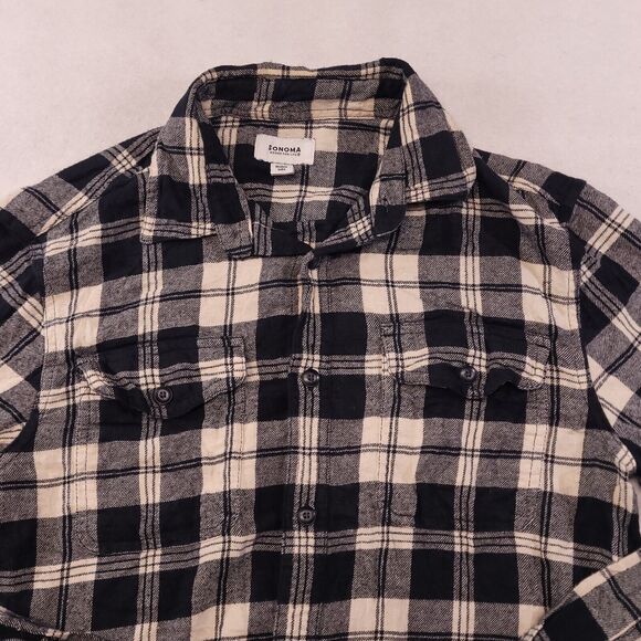 Sonoma Tartan Flannel Casual Button Up Shirt Mens Size Small S Black White - Picture 1 of 10